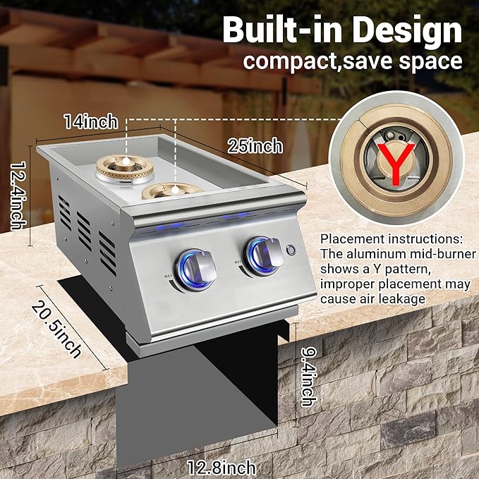 Double Grilling Side Burners for Outdoor Kitchen, 2 * 17,000BTU Liquid Propane Burners, Convertible to Natural Gas, Duty Heavy 304 Stainless Steel, Built-in Side Burner for BBQ Island Grill