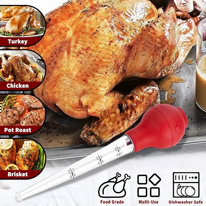 QPMR Turkey Baster, Premium Baster Tool for Cooking-Baster Syringe for Home Baking and Roaster Turkey, Include Detachable Silicone Bulb, 2 Meat Marinade Injector Needles for Thanksgiving