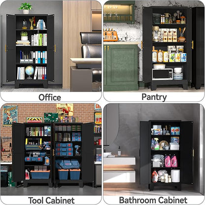 PAOFIN 61" Balck Metal Kitchen Storage Cabinet, Kitchen Pantry Storage Cabinet with Doors and Shelves, Storage Cabinet with Adjustable Leveling Foot for Kitchen, Living Room and Dining Room