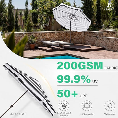 JEAREY 9 FT Patio Umbrella Outdoor, Table Umbrellas Market Umbrella w/Push Button Tilt/Crank, 8 Sturdy Ribs(Black White Striped)
