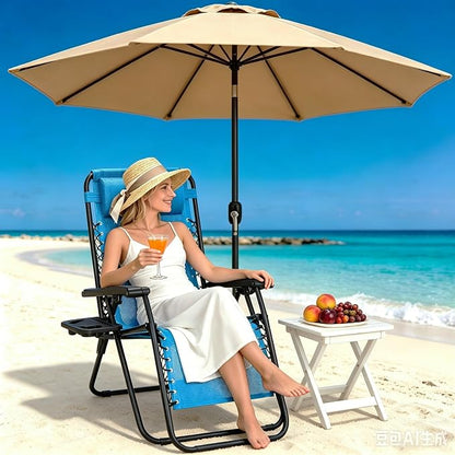 Zero Gravity Chairs Set of 2 with 9FT Patio Umbrella, Adjustable Folding Outdoor Recliner with Pillow & Cup Holder, Waterproof UV Protection Market Umbrella for Pool, Beach, Patio, Camping