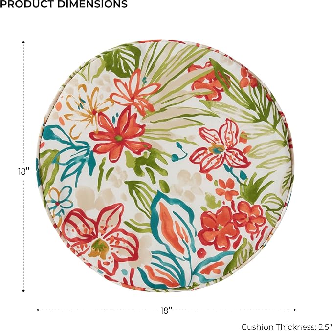 Set of 2 Outdoor 18 inch Round Patio Dining Chair Pads – Comfortable Fiber-Filled Seat Cushions with Ties, Reversible Polyester Fabric - Breeze Floral