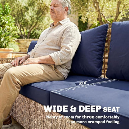 Outsunny Outdoor Patio Couch with Wide and Deep Seat, 3 Seater Wicker Outdoor Sofa with Wide Metal Armrests, Patio Furniture Couch with Cushions for Porch, Garden, Backyard, Dark Blue | Removable Covers