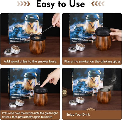 Electric Cocktail Smoker Kit with Unique Charred Wooden Glasses, Whiskey Smoker Kit with 6 Flavors Wood Chips, Instant Smoke Output – Ideal Gift for Cocktail & Whiskey Lovers