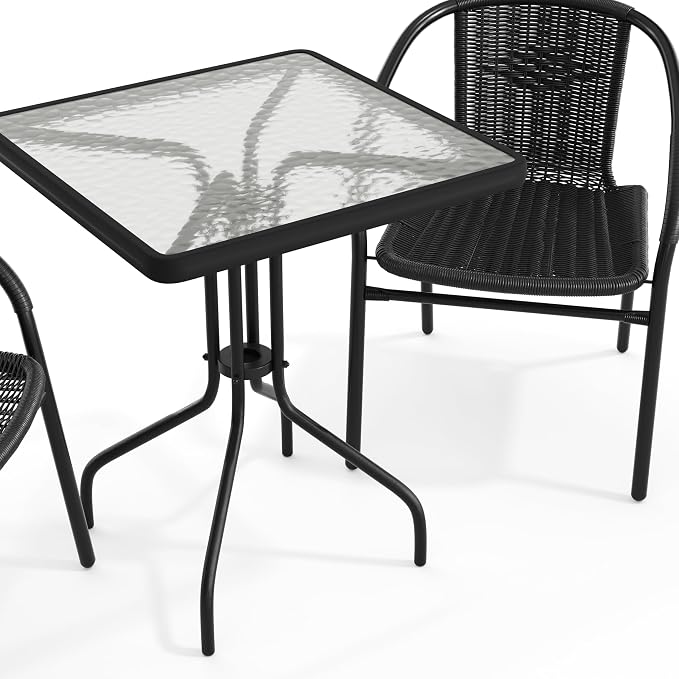 Flash Furniture Lila 23.5'' Square Glass Metal Table with 2 Black Rattan Stack Chairs | Durable Construction, Commercial Use