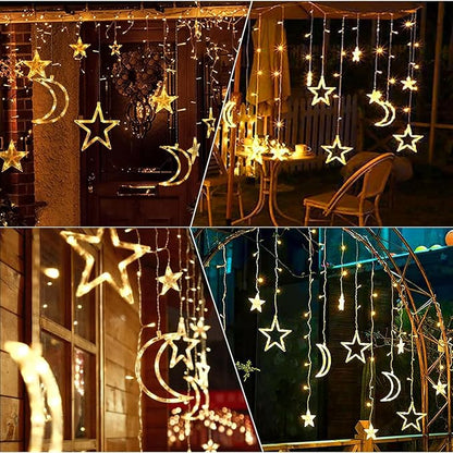 138 LED Ramadan Decorations Light Solar Moon Star Lights String Light Outdoor Waterproof Solar Powered Curtain Lights with 8 Modes Ramadan Hanging Decor for Patio (Warm White)