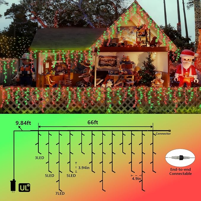 YEGUO 66ft 800 LED Red and Green Icicle Lights Outdoor Waterproof, 160 Drops Icicle String Lights Connectable, 8 Modes Icicle Christmas Lights with Memory Timer