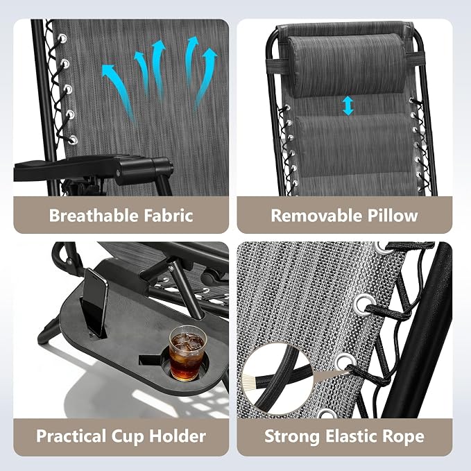 Zero Gravity Chairs Set of 2 with 9FT Patio Umbrella, Adjustable Folding Outdoor Recliner with Pillow & Cup Holder, Waterproof UV Protection Market Umbrella for Pool, Beach, Patio, Camping