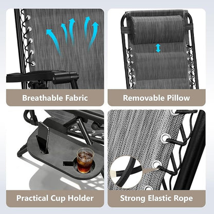 Zero Gravity Chairs Set of 2 with 9FT Patio Umbrella, Adjustable Folding Outdoor Recliner with Pillow & Cup Holder, Waterproof UV Protection Market Umbrella for Pool, Beach, Patio, Camping