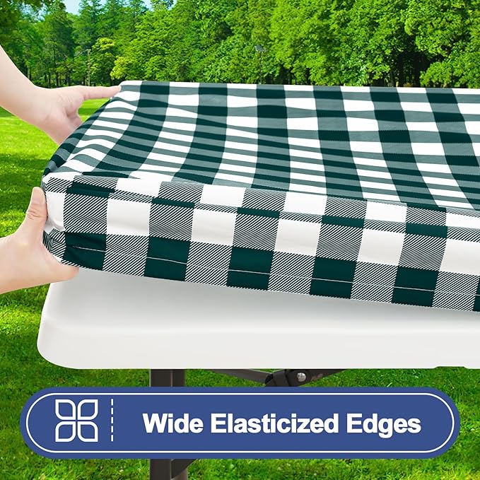 Smiry Picnic Table Cloth 2 Pack, Waterproof Elastic Fitted Tablecloths for 8FT Rectangle Tables, Washable Polyester Buffalo Plaid Tablecloth for Camping & Outdoor (Emerald Green & White, 30" x 96")