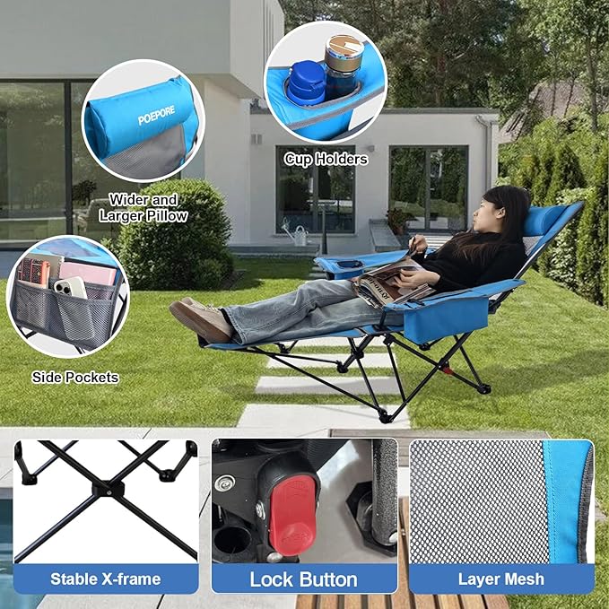 Reclining Camping Chair 4 Position with Foot Rest Comfortable for Adults 265Ibs Folding Lounger Mesh Beach Chair with Cooler Bag and Cup Holder for Outdoor Patio