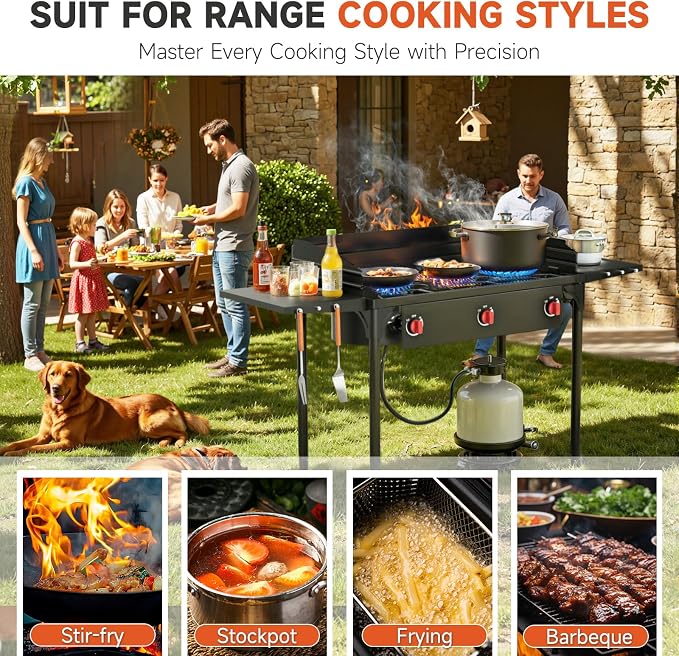 3 Burner Propane Burner, 225,000 BTU High Pressure Propane Stove with Windscreen ＆ Side Shelves, Outdoor Propane Gas Stove with 0-20 PSI Regulator for Camping, Backyard, Outdoor Cooking