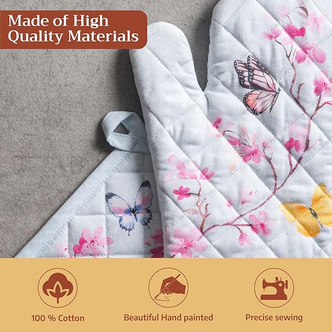 Maison d' Hermine 100% Cotton Oven Mitt & Pot Holder Set (7.5"x13" & 8"x8") Heat Resistant BBQ Cooking Gloves with Loop Baking Grilling Kitchen Hotel Home Farmhouse Spring Summer (Blossoms in Spring)