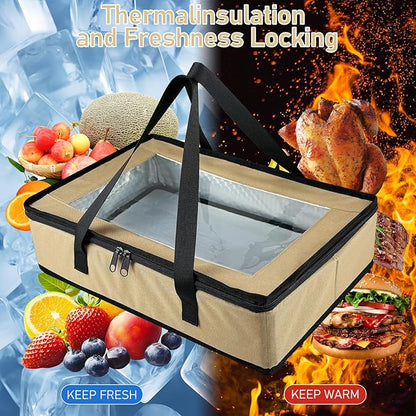 BANGIE BBQ Meat Resting Blanket & 9x13 Foil Pan Carrier - Leakproof Insulated Casserole Transport Bag with Visual Window, Rigid Hard Bottom - Birthday Father's Day Grilling Gifts for Men Dad, Khaki