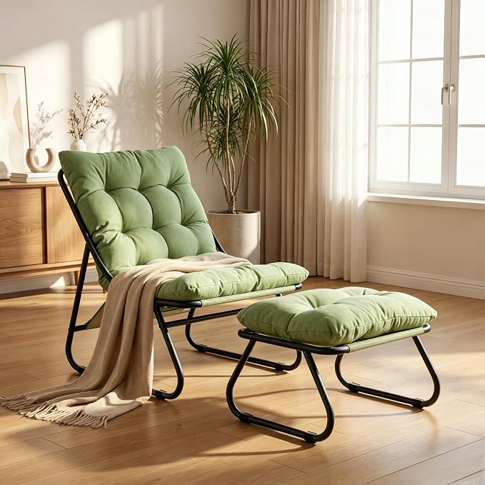 Rocking Chair with Ottoman, Modern Metal Frame Outdoor Rocker, Comfy Patio Lounge Chair with Footrest, Reading Glider Chairs for Living Room, Bedroom, Balcony, Garden, Relax, Light Green