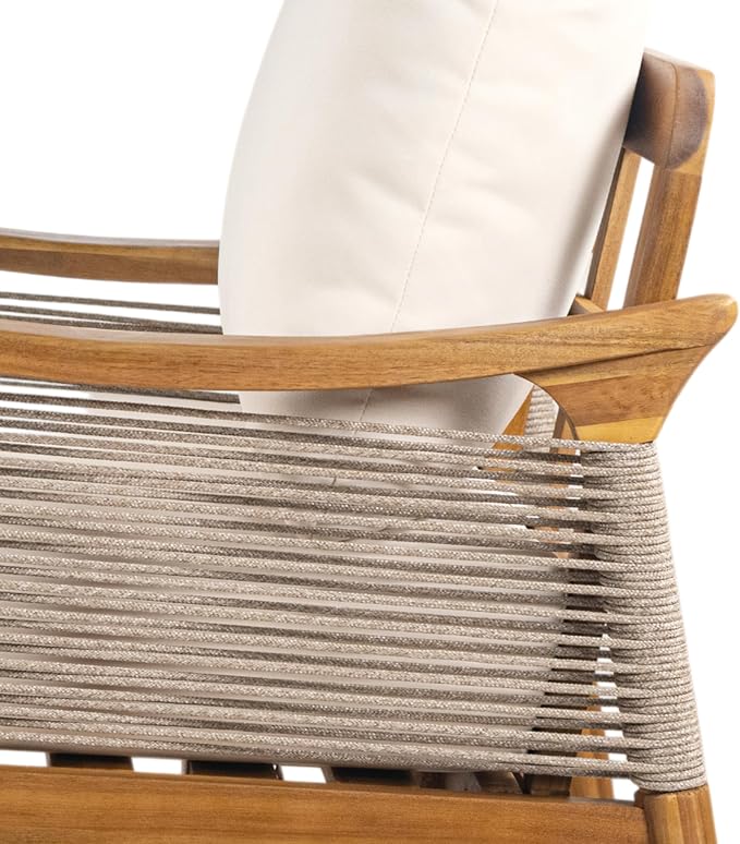 Christopher Knight Home Havets Patio Acacia Wood Club Chair with Woven Rope, Comfortable Outdoor Armchair, Water-Repellent Thick Cushion Deep Seating for Porch, Garden, Backyard, Balcony, Teak+Beige
