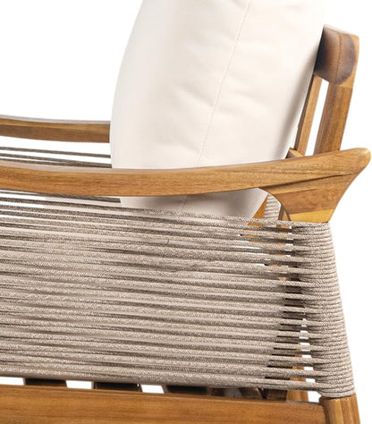 Christopher Knight Home Havets Patio Acacia Wood Club Chair with Woven Rope, Comfortable Outdoor Armchair, Water-Repellent Thick Cushion Deep Seating for Porch, Garden, Backyard, Balcony, Teak+Beige