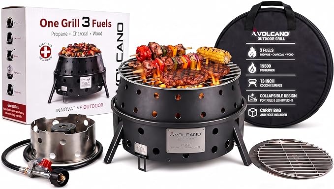 Volcano 3 Collapsible Portable Outdoor Grill/Stove, Propane, Charcoal and Wood, 19500 BTU Burner, 13 Inch Cooking Surface, Camping Stove for Backpacking, Hiking and BBQ, Carry Bag and Hose Included