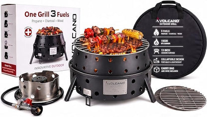 Volcano 3 Collapsible Portable Outdoor Grill/Stove, Propane, Charcoal and Wood, 19500 BTU Burner, 13 Inch Cooking Surface, Camping Stove for Backpacking, Hiking and BBQ, Carry Bag and Hose Included
