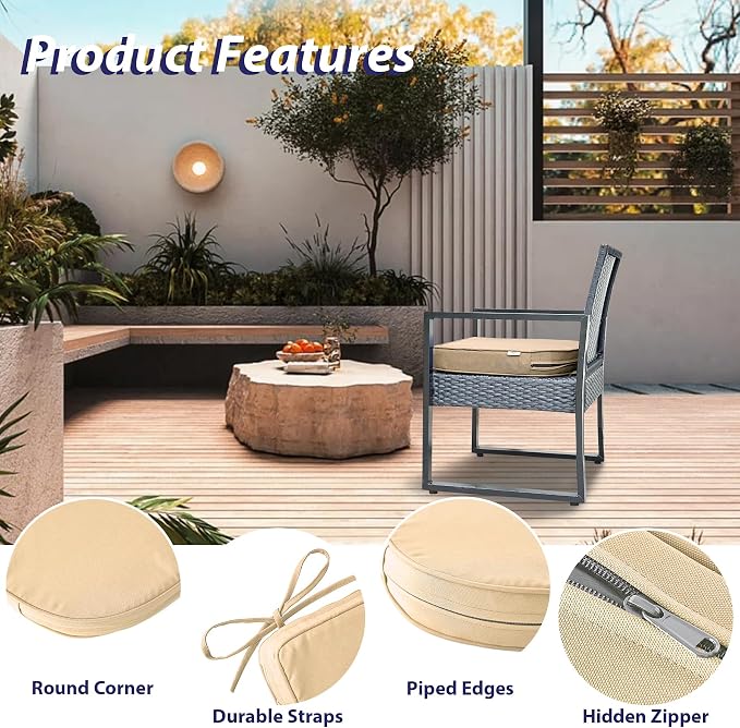 IPYNBAP Outdoor Chair Cushions Set of 4 -Waterproof Outdoor Seat Cushions for Patio Furniture, Patio Chair Cushion with Handle and Ties, Out Door Chair Pads,19x19x3-Round, Beige