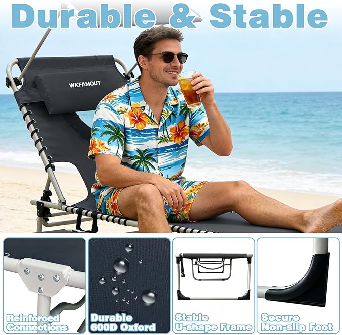 Outdoor Tanning Chair with Sun Canopy Shade & Face Hole, Folding Lounge Chair with Beach Table and Carry Bag for Poolside Sunbathing Lawn