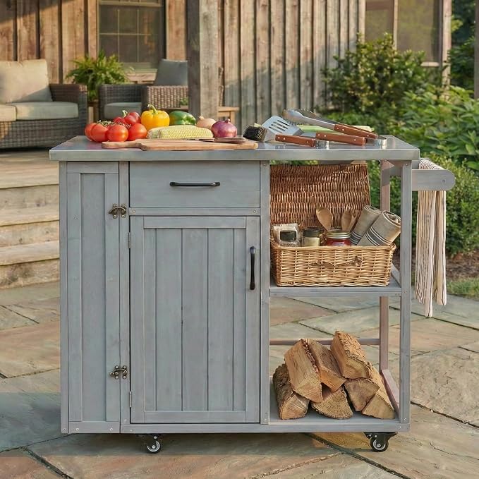 JIVOIT Outdoor Kitchen Island with Stainless Steel Worktop, Fir Wood Prep Station Lockable Kitchen Cart with Ample Storage Space, Towel and Spice Racks for Patio and Outdoor (Grey/122)