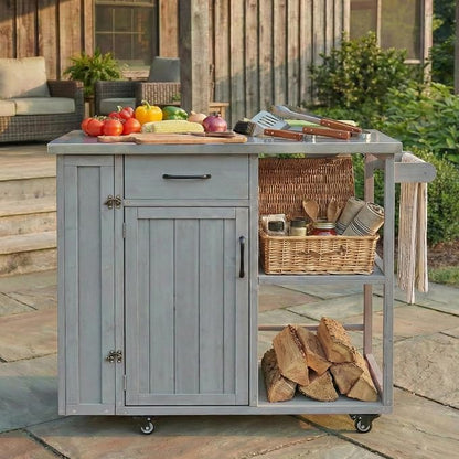 JIVOIT Outdoor Kitchen Island with Stainless Steel Worktop, Fir Wood Prep Station Lockable Kitchen Cart with Ample Storage Space, Towel and Spice Racks for Patio and Outdoor (Grey/122)
