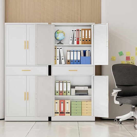 CJF 71" Metal Kitchen Pantry Cabinet with Drawer, Tall Storage Cabinet with 2 Adjustable Shelves and 4 Doors, Heavy Duty Freestanding Floor Cupboard for Home, Kitchen, Dining, Living, White