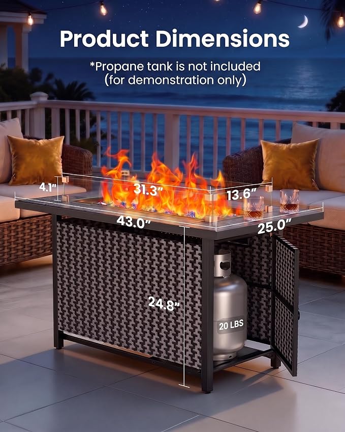 Ciays 43″ Fire Pit Table, with Ceramic Tabletop for Outside Patio & Party | Premium Ceramic Tabletop; Includes Glass Wind Guard & Lid & Glass Rocks; 50,000 BTU Heat; CSA Certified