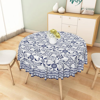 Ethnic Floral Circle Table Cloths 70 Inch Blue Flowers Plants Chic Wrinkle Oil-Proof Resistant Round Table Cover Folk Style Tablecloths for Indoor Outdoor Kitchen Dining Party Restaurant