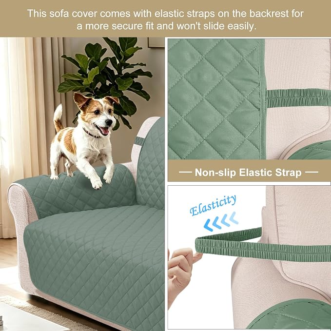Reversible Loveseat Couch Sofa Covers, 2-Seater,Greyish Green | Loveseat Covers for Dogs Water Repellent, Friendly Furniture Protector with Elastic Straps for Living Room
