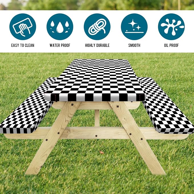 Picnic Table Cover with Bench Covers and Bag, Black and White Checkered Buffalo Plaid Camping Tablecloth Waterproof Windproof Elastic Edges Fitted Gingham Tablecloth for Outdoor Garden 3PCS 30x72 Inch