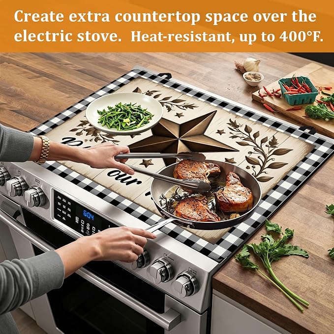 Rustic Wood Star Glass Top Stove Cover Protector,Farmhouse Heat Resistant Stove Top Cover, Large Size Range Covers for Electric Stove Countertop Mat, 28 x 20 Inch