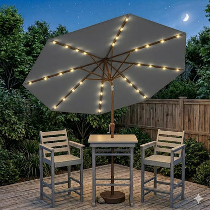 10FT Solar Lighted Patio Umbrella, Outdoor Table Market Umbrellas with Push Button Tilt and Crank, 32 LED Lights, 8 Sturdy Ribs, UV-Resistant for Deck, Garden, Pool