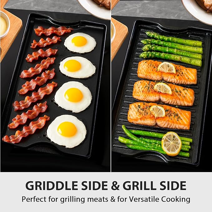 Utheer Griddle Kit, 19.5" x 10.5" Reversible Cast Iron Flat Top Griddle with 5-Piece Scratch-Free Nonstick Safe Nylon Tools, Ceramic Nonstick Grill Griddle for Stove Top, Gas Grill, BBQ and Camping