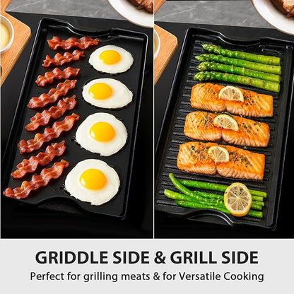 Utheer Griddle Kit, 19.5" x 10.5" Reversible Cast Iron Flat Top Griddle with 5-Piece Scratch-Free Nonstick Safe Nylon Tools, Ceramic Nonstick Grill Griddle for Stove Top, Gas Grill, BBQ and Camping