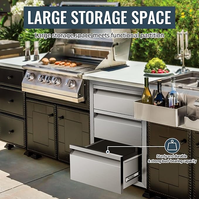 Outdoor Kitchen Access Drawer 16 x 21 x 23 inch Flush Mount BBQ Triple Layer Drawer, Durable Stainless Steel for BBQ Island Patio