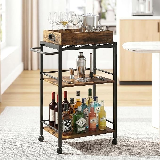 3-Tier Rolling Bar Cart with Removable Tray for Home Kitchen | Rolling Wheels with Handle, 3-Tier Storage, Removable Serving Tray, Sturdy Frame, Multi-Purpose for Kitchen & Bar Use