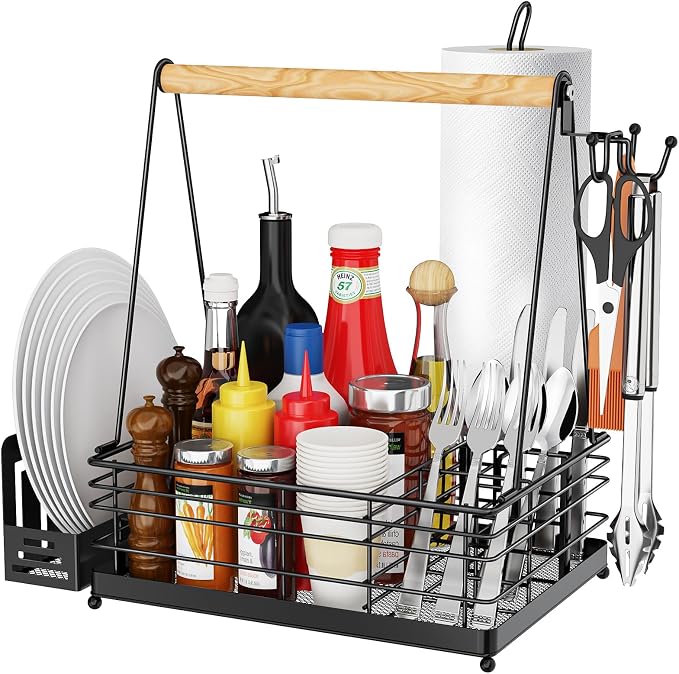 JBBTOOL Grill Caddy with Paper Towel Holder, BBQ Caddy for Outdoor Grill, Picnic Condiment Utensil Storage, Camping Essentials, RV, Tailgating Essentials, Grilling Accessories, Barbecue Tool Sets