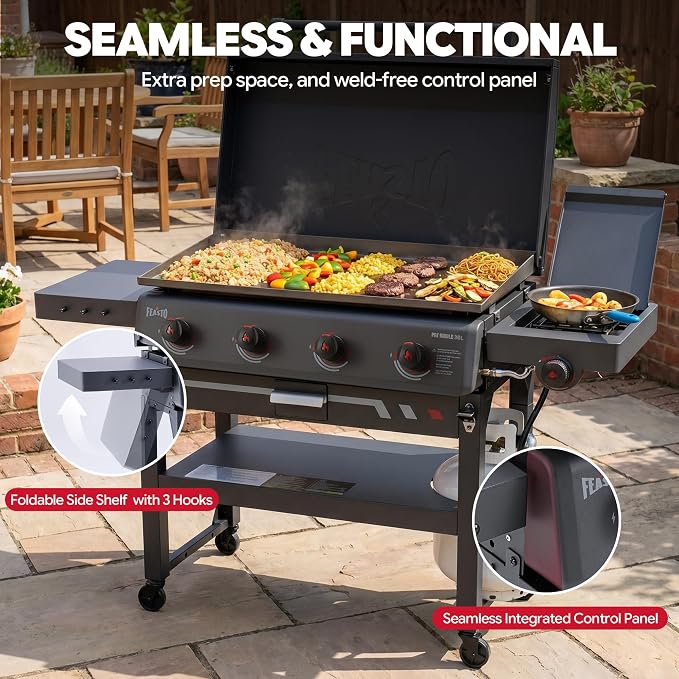 Feasto 36-Inch 4 Burner Propane Flat Top Grill with Hood and Side Burner | 720 Sq. In. Outdoor Griddle with Protective Hood, 50,000 BTU Main Burners, 13,000 BTU Lidded Side Burner, Folding Side Table