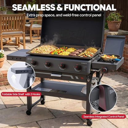 Feasto 36-Inch 4 Burner Propane Flat Top Grill with Hood and Side Burner | 720 Sq. In. Outdoor Griddle with Protective Hood, 50,000 BTU Main Burners, 13,000 BTU Lidded Side Burner, Folding Side Table