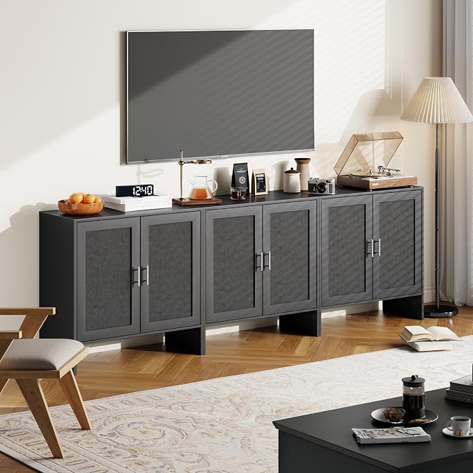 DHZ Buffet Cabinet with Storage, Farmhouse Sideboard with Black Rattan Doors & Adjustable Shelf, 31.5" Narrow Coffee Bar Cabinet, Kitchen Storage Credenza, Entryway Accent Liquor Cabinet