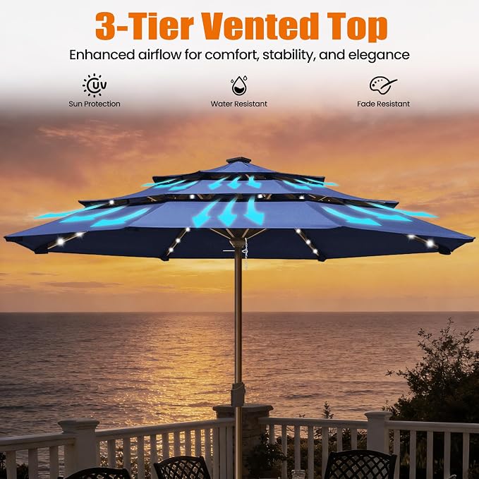 EliteShade USA 10-Year-Non-Fading 10ft 3-Tier Market Patio Umbrella, Commercial Table Umbrella with 80 Solar LED Lights, Crank Open, Windproof & UPF 50+ UV Protection for Garden, Deck, Pool, Backyard, No Tilt, Navy Blue