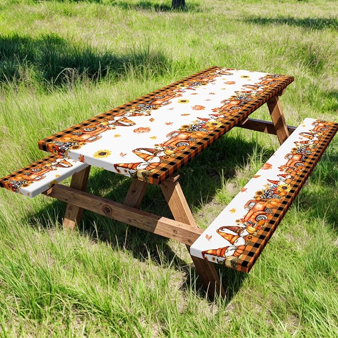 Fall Picnic Table Cover with Bench Covers, Camping Essentials, Thanksgiving Buffalo Plaid Floral Waterproof Windproof, Fitted Tablecloth Cover with Elastic Edge, Indoor & Outdoor, 3 PCS, 30x60 Inch