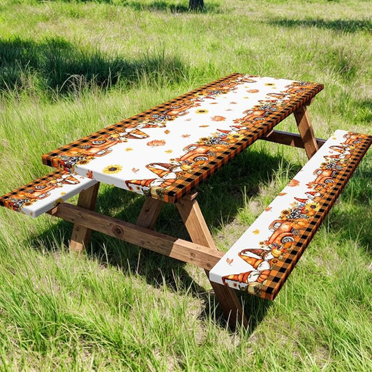Fall Picnic Table Cover with Bench Covers, Camping Essentials, Thanksgiving Buffalo Plaid Floral Waterproof Windproof, Fitted Tablecloth Cover with Elastic Edge, Indoor & Outdoor, 3 PCS, 30x72 Inch