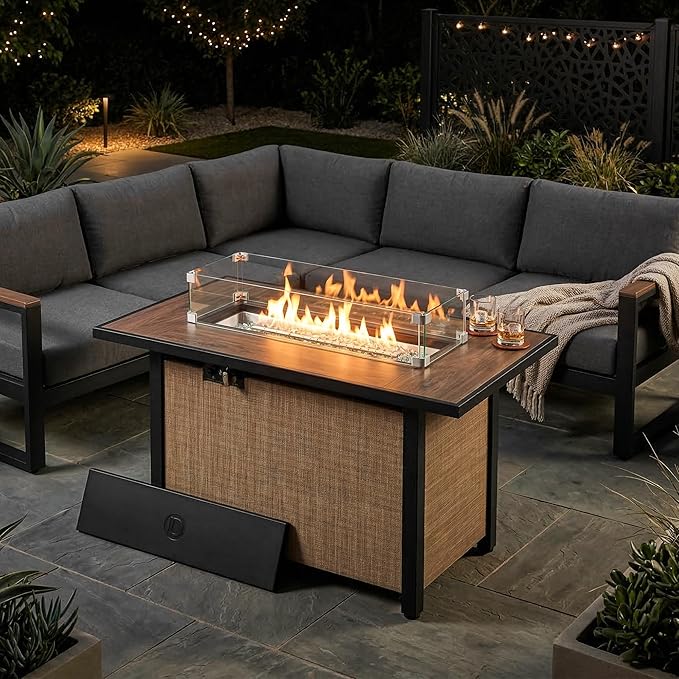 Nuu Garden 43 Inch Propane Fire Pit Table CSA Listed 50000 BTU Gas Fire Pit with Lid Glass Wind Guard and Fire Glass Beads 2 in 1 Rectangular Outdoor Fire Table for Patio Backyard Light Brown