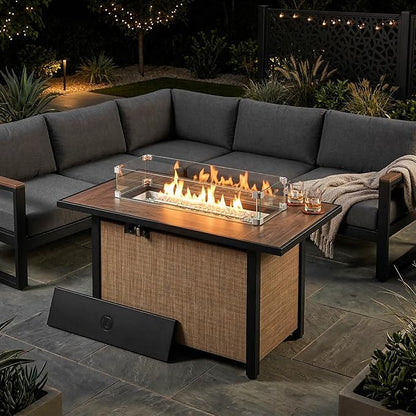 Nuu Garden 43 Inch Propane Fire Pit Table CSA Listed 50000 BTU Gas Fire Pit with Lid Glass Wind Guard and Fire Glass Beads 2 in 1 Rectangular Outdoor Fire Table for Patio Backyard Light Brown
