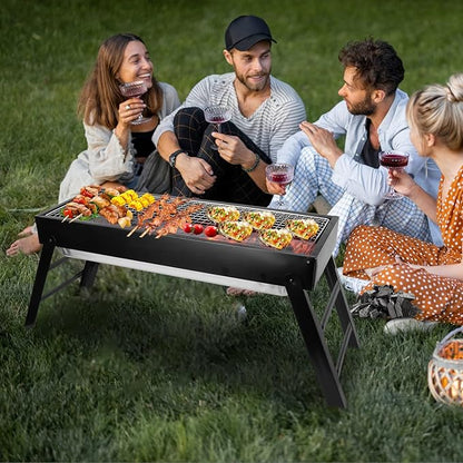 Portable Charcoal BBQ Grill, Foldable BBQ Grill with Stainless Steel Grill Net & Charcoal Drawer Tray, Easy Setup Barbecue Grill for Camping Picnic Outdoor Party Backyard (21.85x8.85x12in)