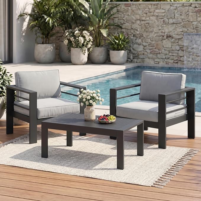 Solaste Aluminum Patio Sofa with Coffee Table,3 PCS Patio Furniture Set with Cushions, All-Weather Outdoor Sofa for Balcony, Deck, Backyard, Porch, Garden, Light Grey