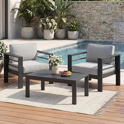 Solaste Aluminum Patio Sofa with Coffee Table,3 PCS Patio Furniture Set with Cushions, All-Weather Outdoor Sofa for Balcony, Deck, Backyard, Porch, Garden, Light Grey